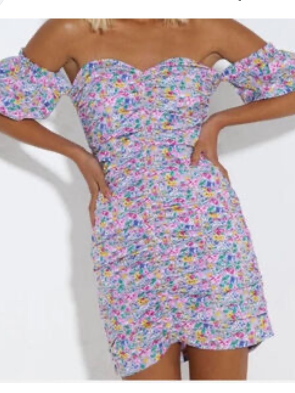 NWT SNDYS Raymond Dress - Ruched Off-Shoulder Lavender Floral Mini Dress
